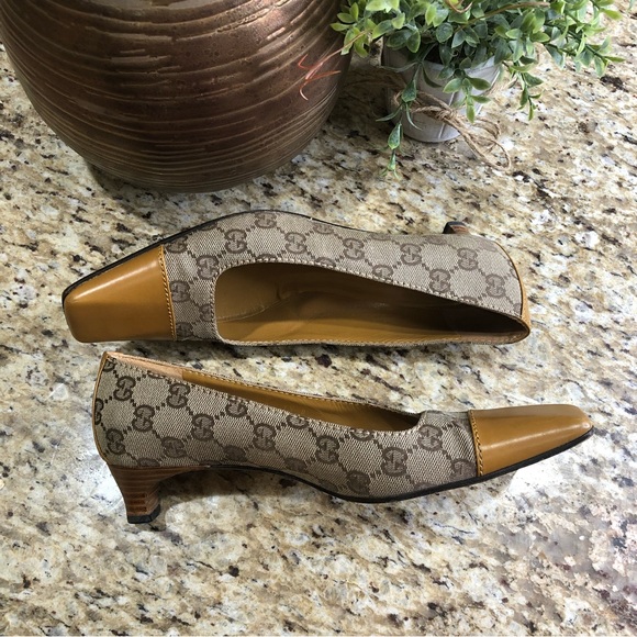Gucci Mustard Leather Tan GG Canvas Square Toe Kitten Heels w/ Wooden Heels 7.5 - Picture 4 of 10